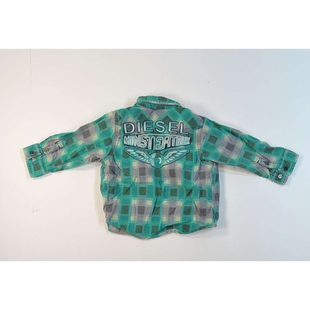 Diesel Monster Shirt Kids 12M Green Plaid Button Up Graphic Back